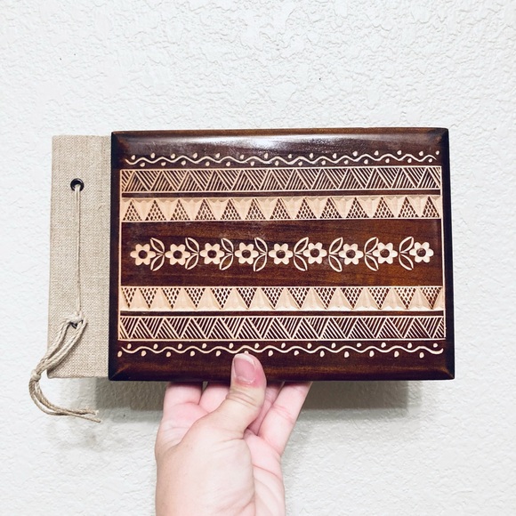 Unique Vintage Other - Vintage Antique hand carved wooden photo album book vellum paper